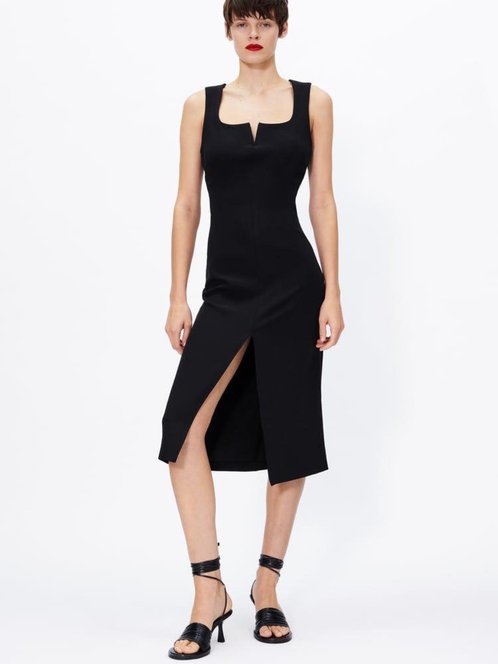 Zara Classic Black Sleeveless Midi Dress with Front Slit